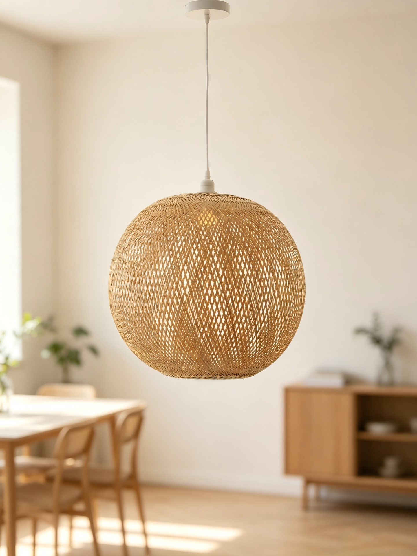 LUEUR – Textured Bamboo Round Light, Artisanal Woven Pendant, Warm Diffused Lighting for Cozy Interiors